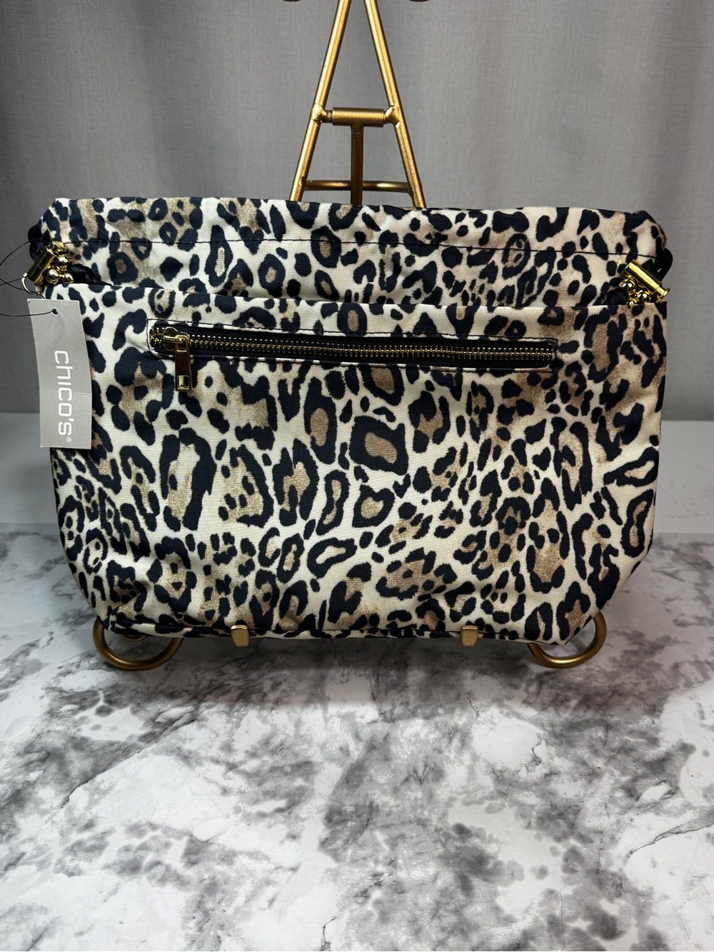 Chico's Leopard Print Nylon Makeup Bag Zipper Slip Pocket Drawstring TF01-19